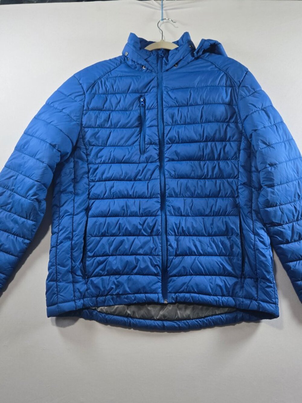 Men’s Blue Puffer Jacket Size Large Hooded Quilted Full Zip Lightweight Coat